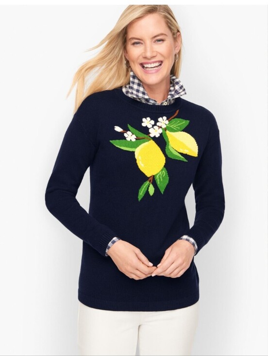 Talbots Sweaters - Talbots Plus Fresh Lemons Intarsia Sweater Navy Blue 2X EUC